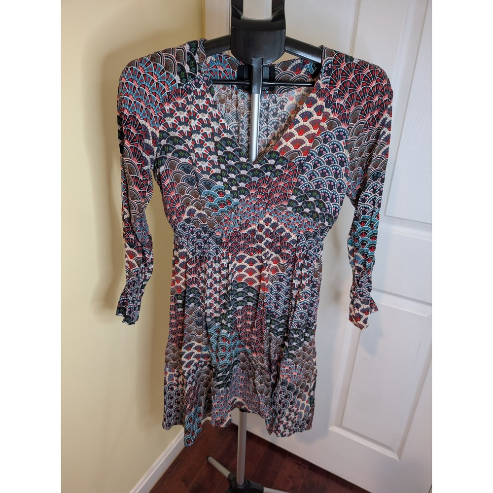 Maeve Monaco Empire Fan Mini Dress Women XSP Multicolor V-Neck 3/4 Sleeve
